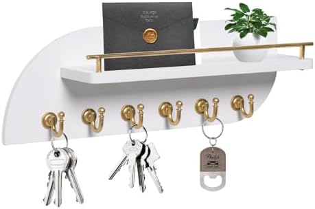 Karisky Key Holder for Wall Decorative Key and Mail Organizer with 6 Sturdy Metal Hooks and Floating Shelf