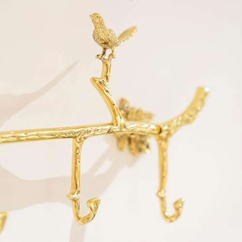 Brass Wall Mounted Hanger with 6 Hooks and Bird Decor