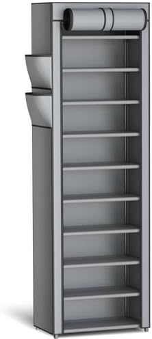 Kitsure 10-Tier Shoe Rack with Dust Cover and Side Pockets Grey