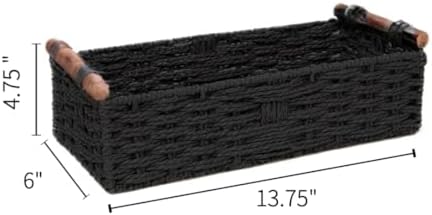 Black Paper Rope Storage Basket with Wooden Handle 1PC