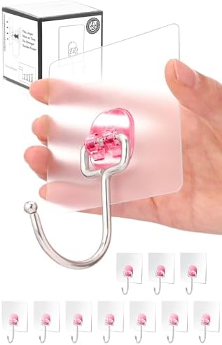 Antimbee 10-Pack Heavy Duty Adhesive Hooks 37 lb Max Transparent Pink
