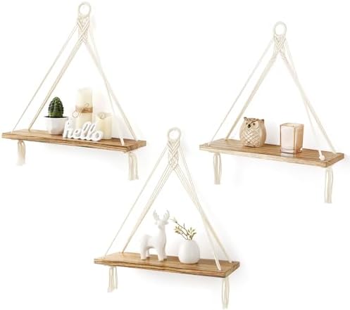 Mkono Macrame Hanging Shelves Set of 3 Rustic Wood Floating Storage Shelf for Bedroom Bathroom Living Room