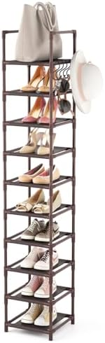 LANTEFUL 10-Tier Tall Narrow Shoe Rack Storage Organizer for Closets Entryways Dorms Brown