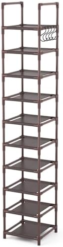LANTEFUL 10-Tier Tall Narrow Shoe Rack Storage Organizer for Closets Entryways Dorms Brown