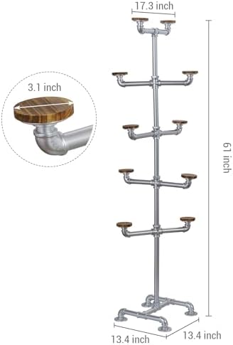 MyGift Industrial Silver Tone Metal Pipe Rack with 10 Round Wood Hat Hangers