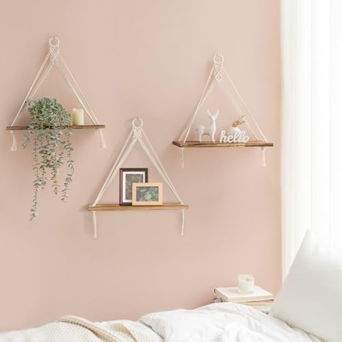 Mkono Macrame Hanging Shelves Set of 3 Rustic Wood Floating Storage Shelf for Bedroom Bathroom Living Room