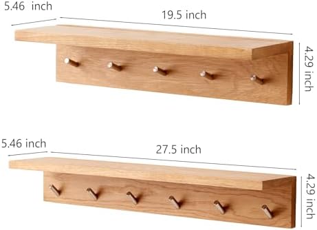Oak Wood Wall Shelf with 5 Hooks Coat Rack