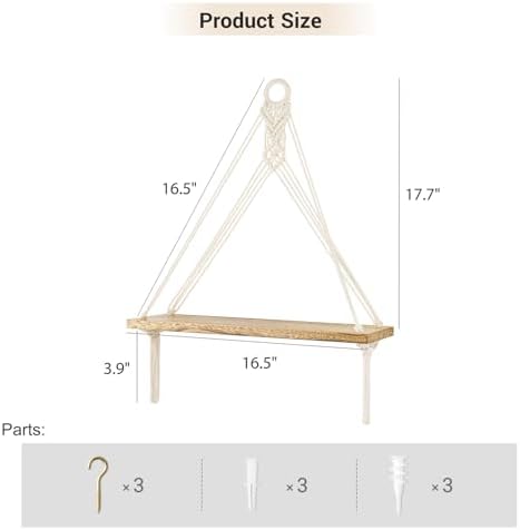 Mkono Macrame Hanging Shelves Set of 3 Rustic Wood Floating Storage Shelf for Bedroom Bathroom Living Room