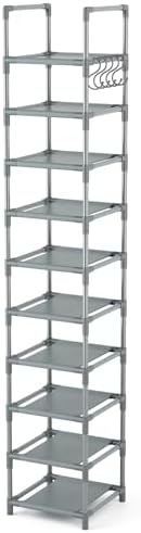 LANTEFUL 10-Tier Narrow Shoe Rack for 10-15 Pairs Space Saving Grey Organizer