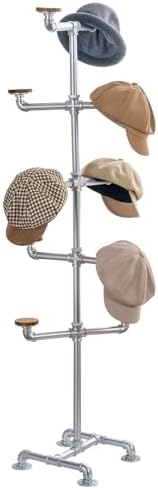 MyGift Industrial Silver Tone Metal Pipe Rack with 10 Round Wood Hat Hangers