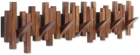 Wooden Coat Rack Wall Mounted Multi Hook Natural Walnut Art Design