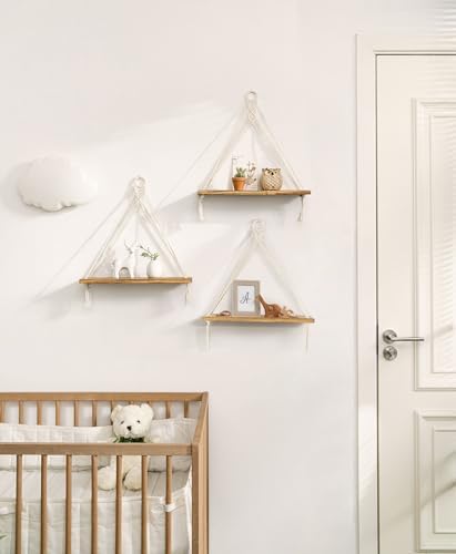 Mkono Macrame Hanging Shelves Set of 3 Rustic Wood Floating Storage Shelf for Bedroom Bathroom Living Room