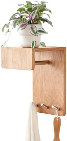 Oak Wood Wall Mounted Coat Rack with 3 Hooks and Floating Shelf