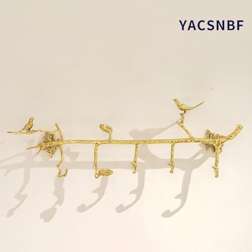 Brass Wall Mounted Hanger with 6 Hooks and Bird Decor