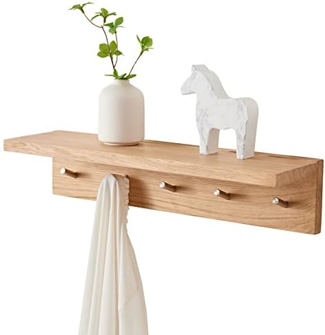 Oak Wood Wall Shelf with 5 Hooks Coat Rack