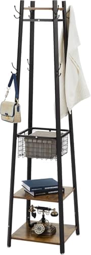 VECELO Freestanding Coat Rack with Metal Basket and Shelves