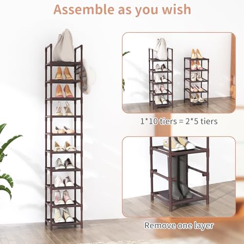 LANTEFUL 10-Tier Tall Narrow Shoe Rack Storage Organizer for Closets Entryways Dorms Brown