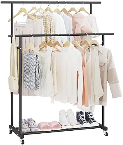 Calmootey Double Rod Garment Rack Rolling Clothes Organizer Portable for Bedroom Living Room Clothing Store Black