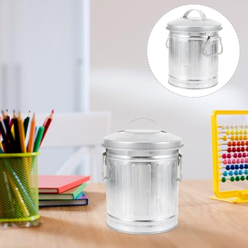 Cabilock Vintage Ash Bucket with Lid Galvanized Metal Flowerpot Organizer Mini Desktop Trash Bin