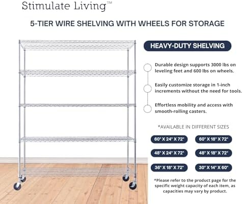 60x24x72 Chrome 5-Tier Heavy Duty Shelving with Wheels