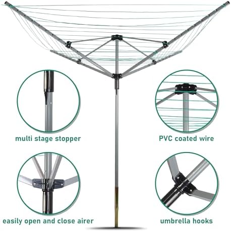 Outdoor Umbrella Drying Rack with 4 Arms and 165 Feet Clothesline