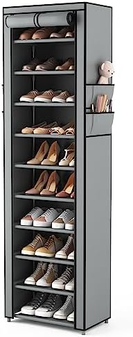 VTRIN 10 Tier Vertical Narrow Shoe Rack Organizer Tall Free Standing Grey