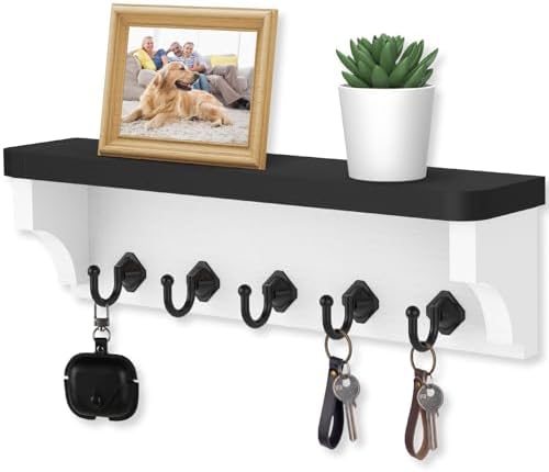 Nekon Wall Key Holder with Floating Shelf and 5 Hooks Black