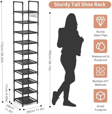 Tall Narrow Shoe Rack for Entryway 10 Tier Storage