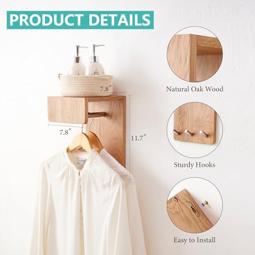 Oak Wood Wall Mounted Coat Rack with 3 Hooks and Floating Shelf