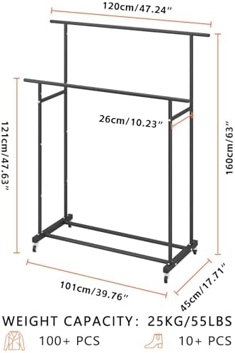 Calmootey Double Rod Garment Rack Rolling Clothes Organizer Portable for Bedroom Living Room Clothing Store Black