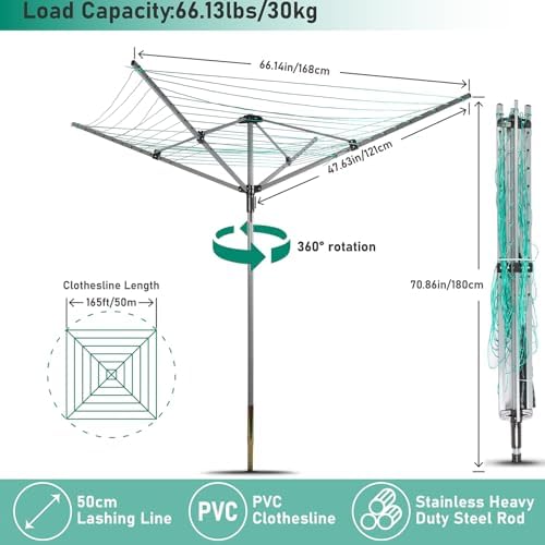 Outdoor Umbrella Drying Rack with 4 Arms and 165 Feet Clothesline