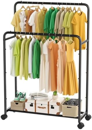 Simple Trending Double Rod Garment Rack with Wheels Black