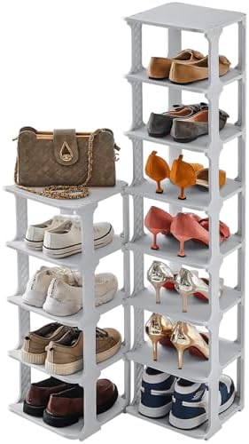 5 Tiers Shoe Rack Organizer for Closet Entryway Storage Free Standing Stackable Vertical Narrow Plastic Shoe Holder Grey