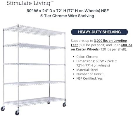 60x24x72 Chrome 5-Tier Heavy Duty Shelving with Wheels