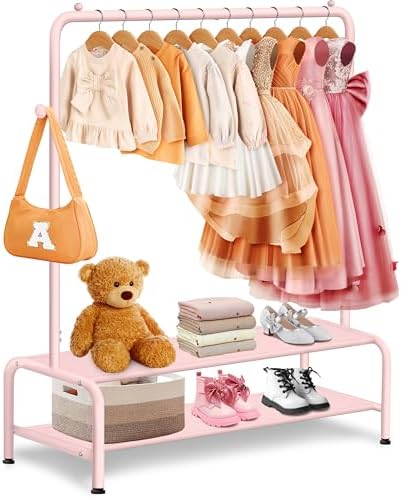 Kids Dress Up Rack with 2 Fabric Shelves and U-Shape Base