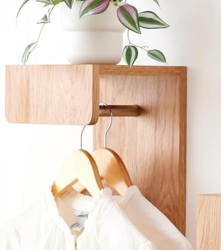 Oak Wood Wall Mounted Coat Rack with 3 Hooks and Floating Shelf