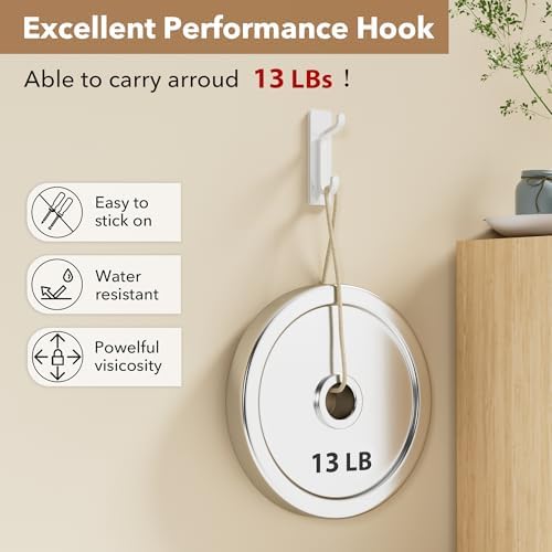 Wall Hooks for Coat and Towel 13LB Adhesive Door Hanger Stick on White 4 Pack