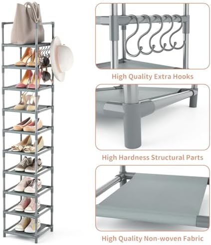 LANTEFUL 10-Tier Narrow Shoe Rack for 10-15 Pairs Space Saving Grey Organizer
