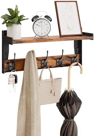 Wall Hooks with Shelf Wood Coat Rack with 5 Metal Hooks