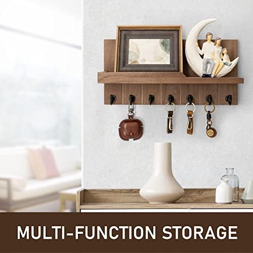 Rebee Vision Key Holder for Wall - Farmhouse Rustic Mail Organizer with 7 Sturdy Key Hooks Retro Brown