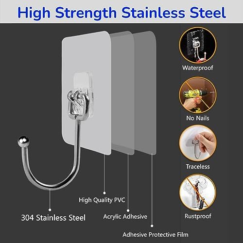 Heavy Duty Adhesive Hooks 8-Pack for 44lbs Max