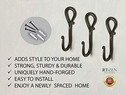 RTZEN Wall Mount Hook Set - 3 Pack Wrought Iron Hooks 1