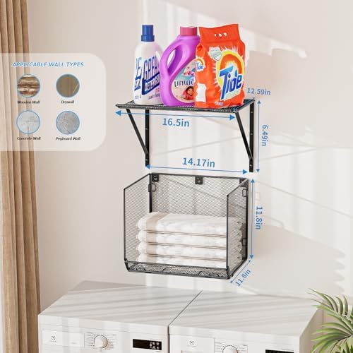 2 Pack Laundry Room Shelves with Wire Mesh Baskets and Wall Mount Clothes Drying Racks