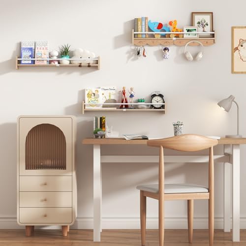 34 Inch Wall Mounted Bookshelf with 6 Hooks Set of 3