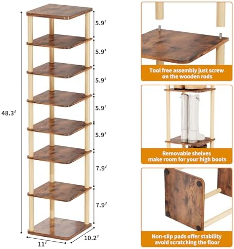 LUCKNOCK Vertical Shoe Rack 8-Tier Rustic Brown