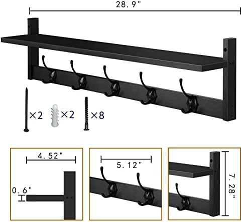 BAMEOS Wall Mounted Shelf with Hooks - Black