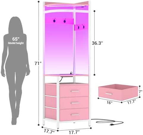 Cyclysio Corner Clothes Rack with Hanging Rack and LED Lights