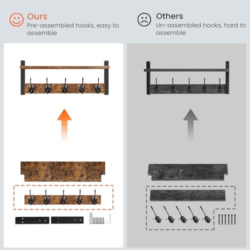 Homode Wall Hooks with Shelf Rack 5 Metal Hooks for Entryway Bathroom Bedroom Hallway