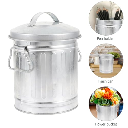 Cabilock Vintage Ash Bucket with Lid Galvanized Metal Flowerpot Organizer Mini Desktop Trash Bin