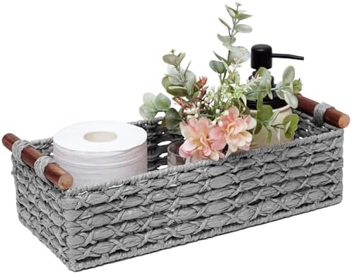 Handmade Wicker Storage Basket with Handle - Light Grey